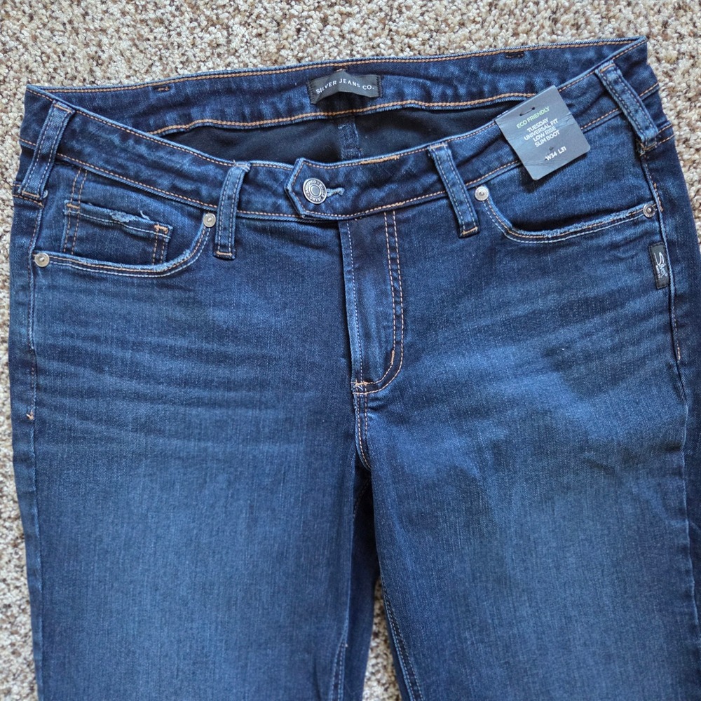 Silver Jeans Tuesday Universal Fit Low Rise Slim Boot Sz 34x31 Dark Wash NWT - Picture 5 of 7